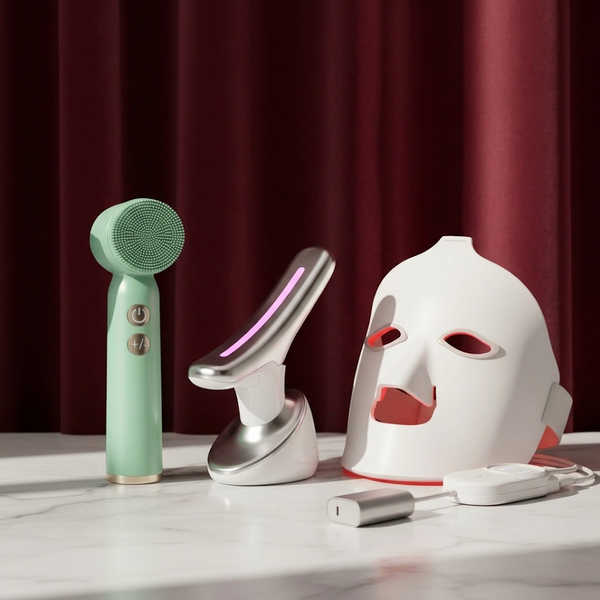 Lucenne Ritual-Set – LED-Maske, Microcurrent-Massagegerät und Reinigungsbürste vor weinrotem Studiohintergrund